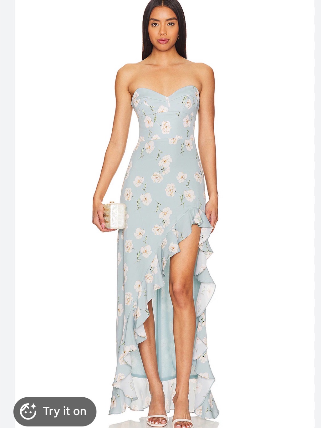 Amanda Uprichard Strapless Light Blue Floral High-Low Ruffle Gown